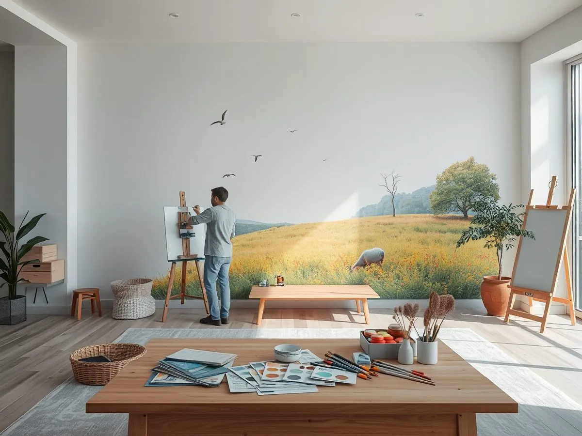 家装墙绘现场绘制场景，艺术家在客厅墙面创作自然风景画