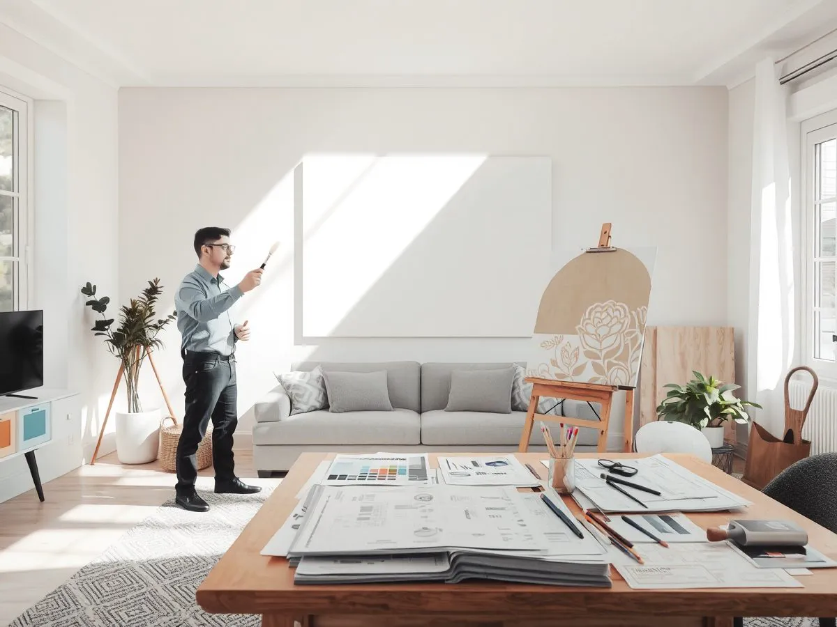 家居装饰画定制场景：画师在客厅创作，旁边摆放颜料和设计稿
